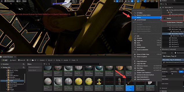 Unreal Editor — Nanite disabled per asset (AFTER)