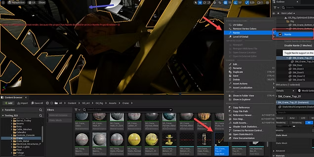 Unreal Editor — disabling Nanite per asset (BEFORE)
